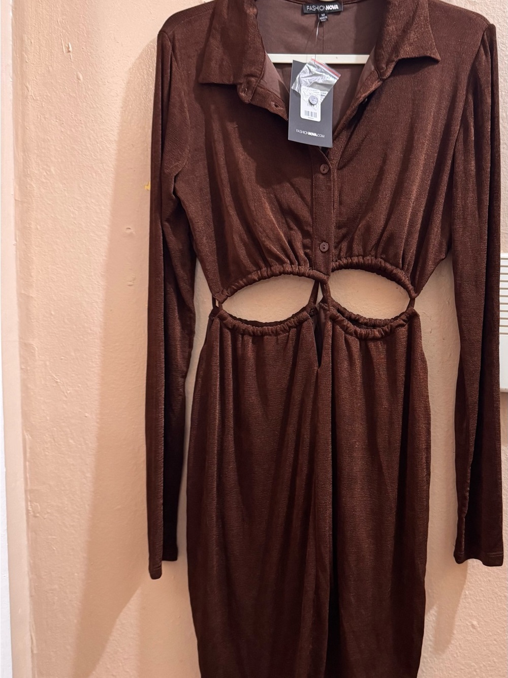 Fashion Nova Chocolate Brown Long Sleeve Cutout Midi Dress